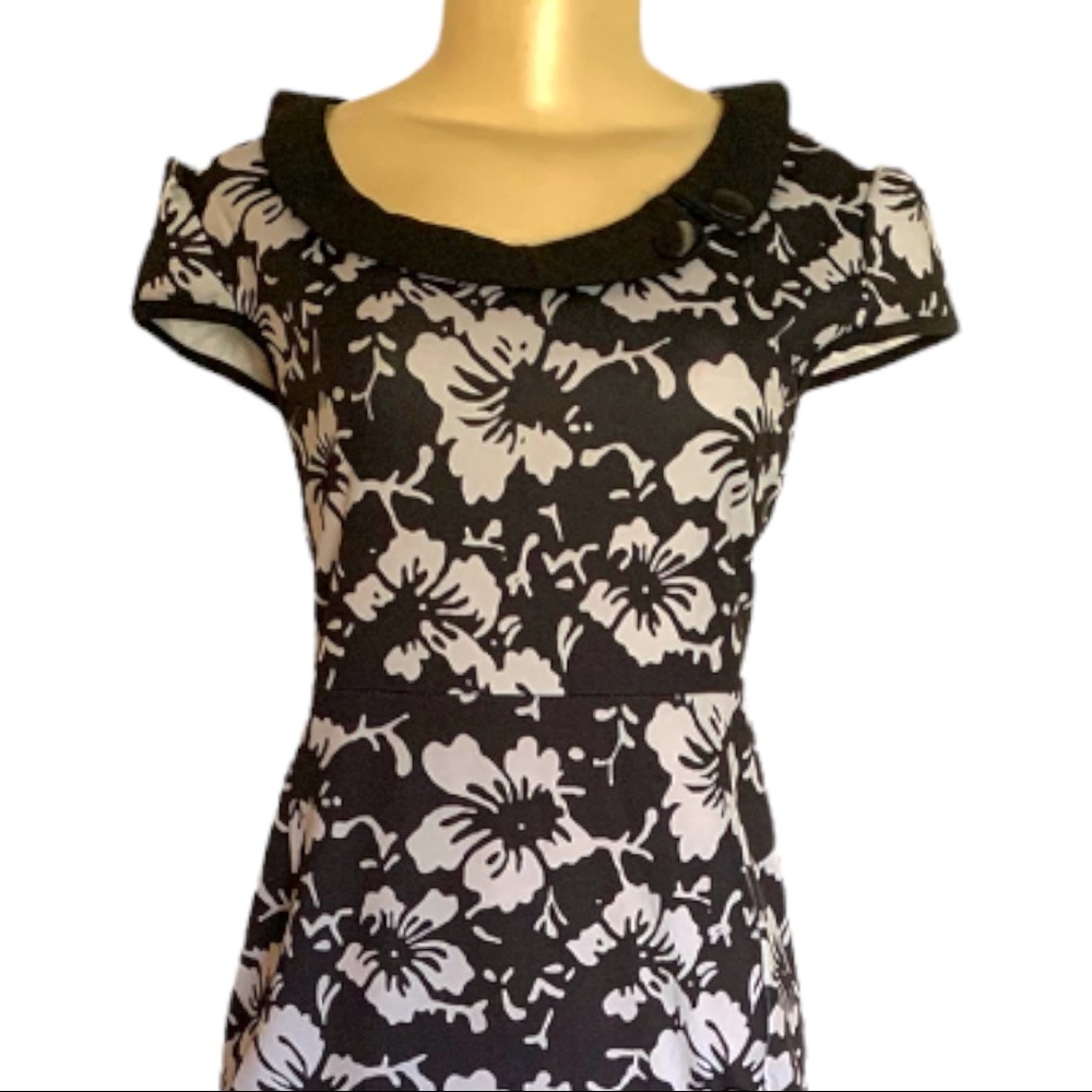 NWT Ruiyige 50’s VTG Style Fitted Floral Black Silver Ruffle Pencil Skirt Dress